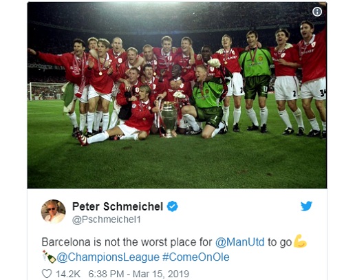 Schmeichel cho rằng sân Nou Camp là mảnh đất lành với Man Utd. Ảnh chụp màn hình.