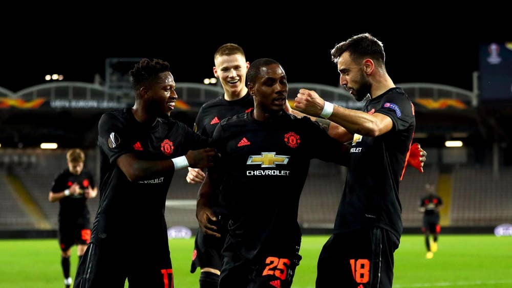 Các cầu thủ Man Utd mừng bàn thắng trên sân của LASK ở lượt đi.