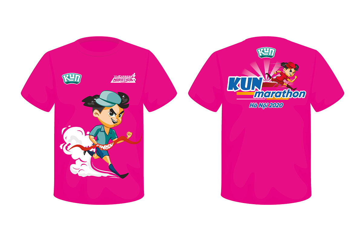 Áo thi đấu cho runner nhí Kun Marathon Hanoi 2020 màu hồng, in nhân vật hoạt hình sinh động.