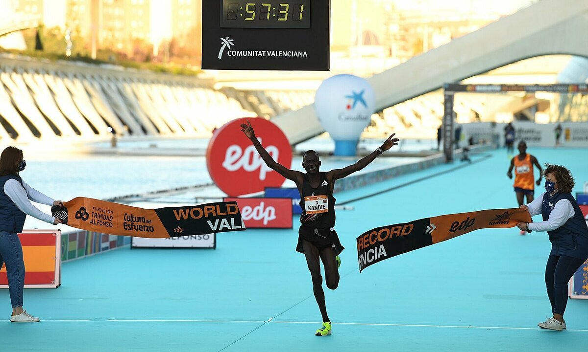 Kibiwott Kandie finished at 57 minutes 32 seconds, setting the world record for men's half marathon in the Valencia, Spain run on December 6.